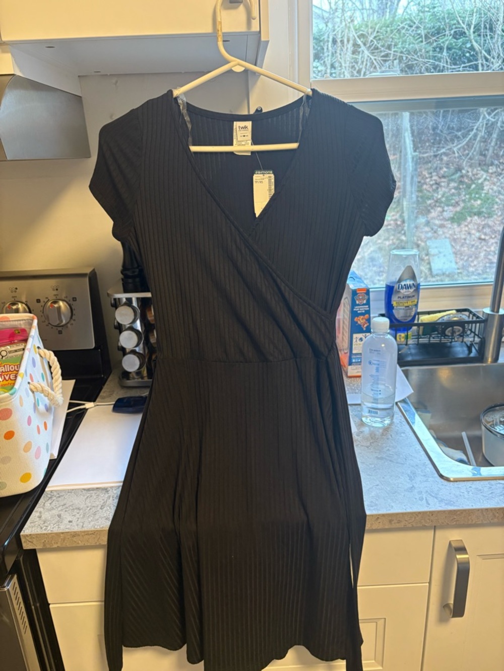 Simons Black Ribbed Short-Sleeve Wrap Midi Dress